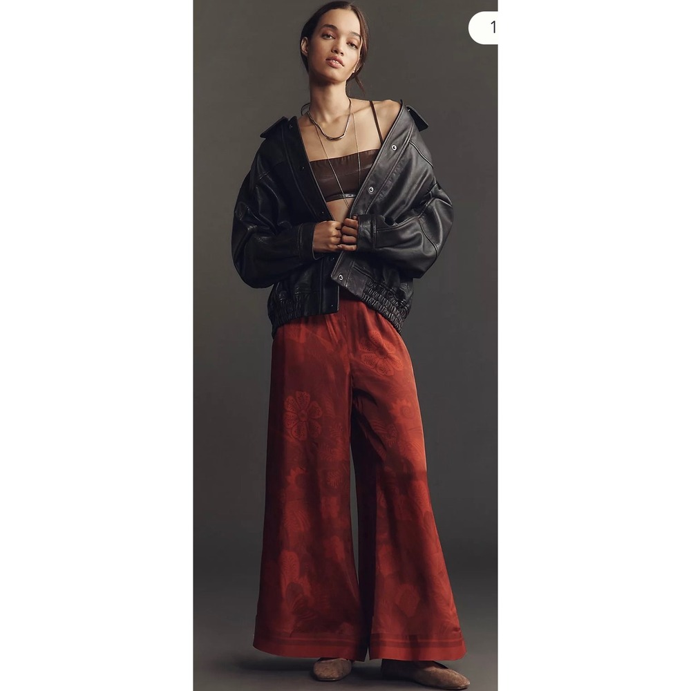 Farm Rio for Anthropologie Red Floral Printed Wide Leg Pants XS High Rise